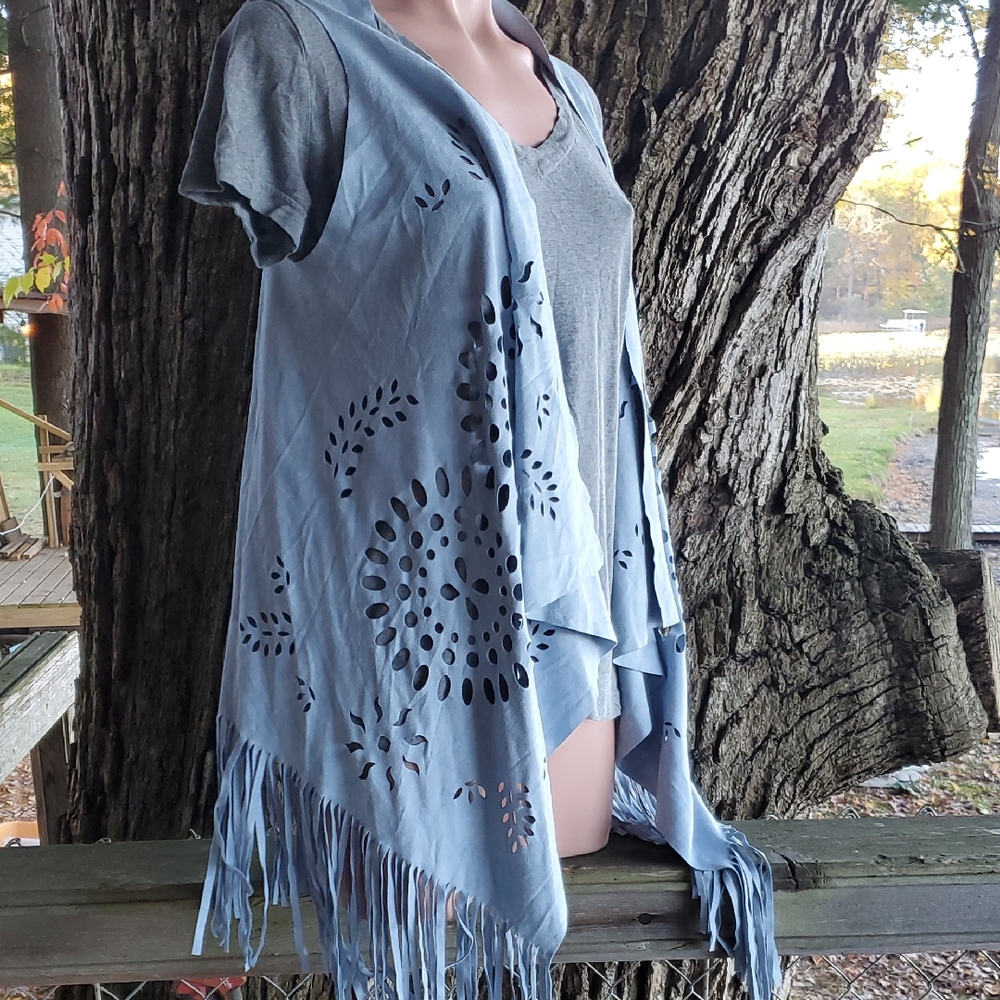 Hillary Scott Blue Fringe Vest with Cutout Design